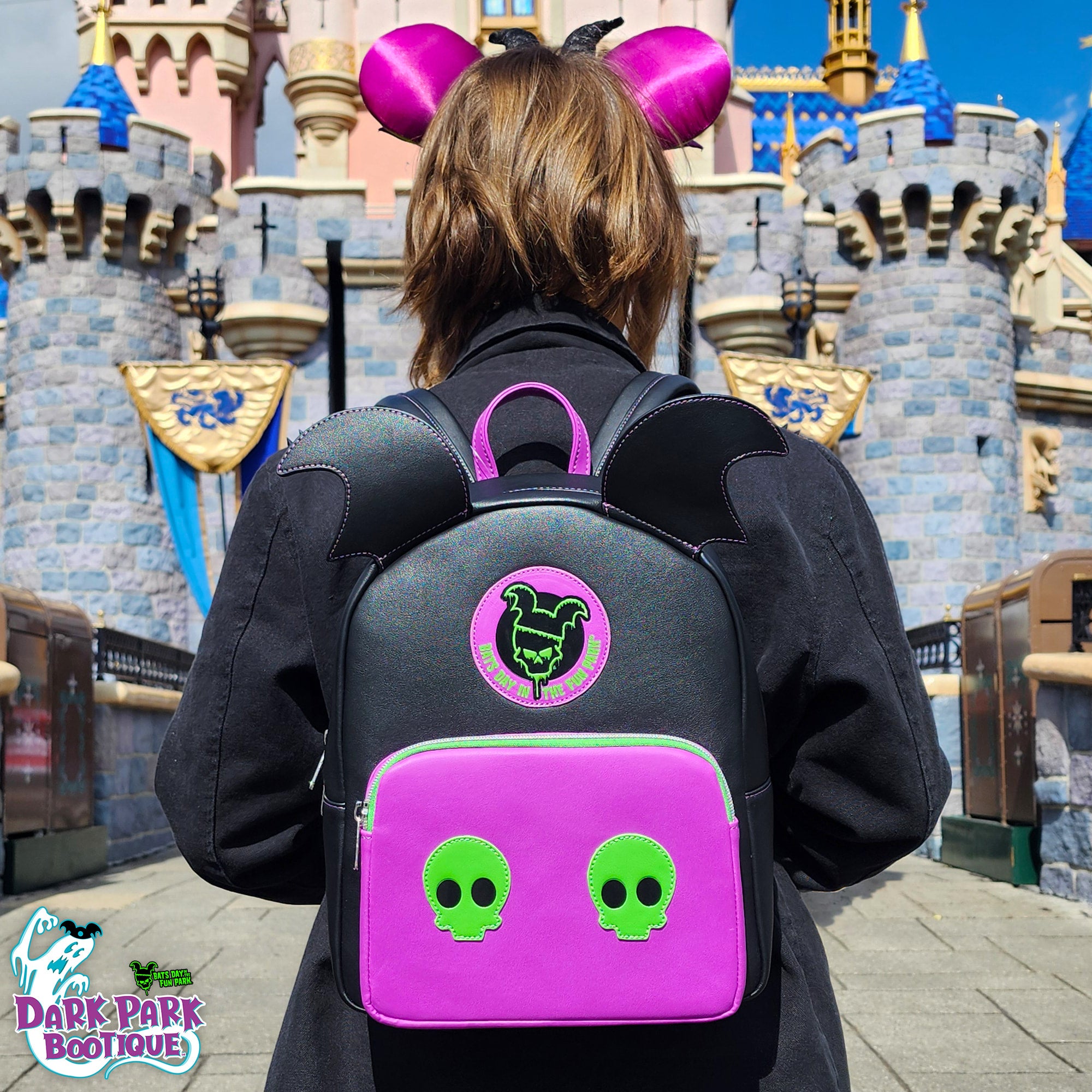 black bat mini backpack Trickz N' Treatz Vegan Leather Striped Bat Backpack with adjustable straps The Grave Girls Faux Fur